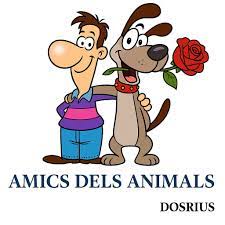 Dibujo de hombre y perro abrazados, el perro lleva una rosa en la boca. Debajo hay texto Amics dels Animals Dosrius